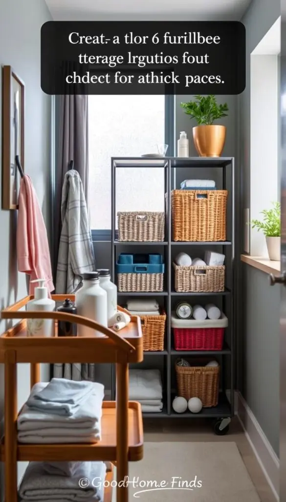 A stylish small bathroom scene featuring aesthetically pleasing portable storage solutions suited for tight spaces. In the foreground, showcase an elegant wooden cart with neatly arranged towels, toiletries, and decorative items. In the middle, focus on a multi-tiered shelving unit with beautiful baskets and colorful bins filled with bathroom essentials, enhancing organization. The background should have soft natural light filtering through a frosted window, casting a warm glow across the room. Add a touch of greenery with a small potted plant on the windowsill. The mood is calm and inviting, perfect for a cozy bathroom setting. The branding "GoodHomeFinds" subtly integrated into the design elements. Aim for a Pinterest-style lifestyle photo with realistic details. A stylish small bathroom scene featuring aesthetically pleasing portable storage solutions suited for tight spaces. In the foreground, showcase an elegant wooden cart with neatly arranged towels, toiletries, and decorative items. In the middle, focus on a multi-tiered shelving unit with beautiful baskets and colorful bins filled with bathroom essentials, enhancing organization. The background should have soft natural light filtering through a frosted window, casting a warm glow across the room. Add a touch of greenery with a small potted plant on the windowsill. The mood is calm and inviting, perfect for a cozy bathroom setting. The branding "GoodHomeFinds" subtly integrated into the design elements. Aim for a Pinterest-style lifestyle photo with realistic details.