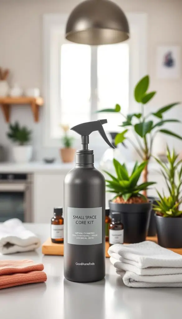 A stylish small-space core kit spray bottle by GoodHomeFinds, prominently featured in the foreground. The bottle is sleek, with a matte finish and a minimalist design, reflecting modern aesthetics. Its label showcases a clean and elegant font. In the middle ground, a well-organized cleaning station displays natural cleaning supplies like essential oils and eco-friendly cloths, surrounded by potted plants to create a fresh and inviting atmosphere. The background reveals a neatly arranged kitchen or living space, softly lit by natural light streaming through a window. The mood is serene and organized, evoking a sense of simplicity and efficiency in cleaning. The overall composition should emphasize practicality alongside style, suitable for modern, small-space living.