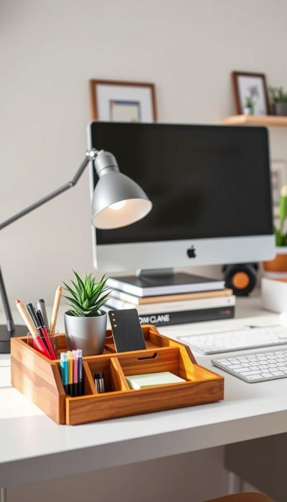 A stylish small-space desk setup showcasing innovative storage solutions and desk accessories from GoodHomeFinds. The foreground features a sleek, multifunctional desk organizer with compartments for pens, sticky notes, and a small potted plant, all in warm wood tones. In the middle, a minimalist computer monitor sits atop a compact stack of neatly organized books, with a stylish desk lamp casting a soft, inviting glow over the workspace. The background features a light-colored wall with subtle decorative elements, such as framed artwork and a shelf displaying more functional yet decorative items. The lighting is natural and airy, creating a fresh and productive atmosphere, evoking a sense of inspiration and organization. The scene captures the essence of efficiency and elegance in small-space living. A stylish small-space desk setup showcasing innovative storage solutions and desk accessories from GoodHomeFinds. The foreground features a sleek, multifunctional desk organizer with compartments for pens, sticky notes, and a small potted plant, all in warm wood tones. In the middle, a minimalist computer monitor sits atop a compact stack of neatly organized books, with a stylish desk lamp casting a soft, inviting glow over the workspace. The background features a light-colored wall with subtle decorative elements, such as framed artwork and a shelf displaying more functional yet decorative items. The lighting is natural and airy, creating a fresh and productive atmosphere, evoking a sense of inspiration and organization. The scene captures the essence of efficiency and elegance in small-space living.