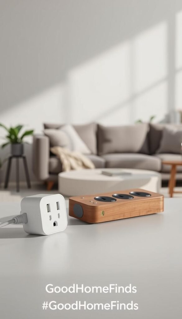 A stylish smart plug and power strip set against a minimalist, modern living room backdrop. In the foreground, a sleek, white smart plug is elegantly plugged into an outlet, showcasing its compact design and useful features like USB ports. The middle ground features an aesthetically pleasing power strip, featuring a wood finish and a subtle LED indicator, displaying its smart capabilities. Soft, natural light filters through a nearby window, casting gentle shadows and highlighting the gadgets' contemporary shapes. In the background, a cozy sofa and indoor plants enhance the atmosphere, emphasizing a tech-savvy yet inviting home environment. The scene conveys a sense of energy efficiency and practical innovation, branded as "GoodHomeFinds."