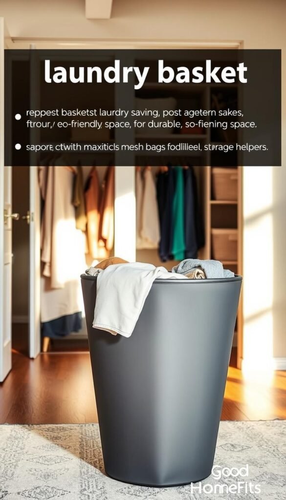 A stylish, space-saving laundry basket designed for modern living spaces, prominently displayed in the foreground. The basket, made from durable, eco-friendly materials, features a tapered design that maximizes vertical space while maintaining an elegant aesthetic. It is filled with neatly sorted laundry, showcasing various fabrics and colors, emphasizing its functionality. In the middle ground, a small, neatly organized closet can be seen, equipped with hooks and shelves for additional sorting helpers, like mesh bags and storage bins. The background shows a cozy, well-lit apartment interior with soft natural light streaming through a window, enhancing the inviting mood. Use warm tones and a slightly blurred lens effect to create depth and focus on the basket. The brand name "GoodHomeFinds" should subtly integrate into the scene, enhancing the theme without being intrusive.