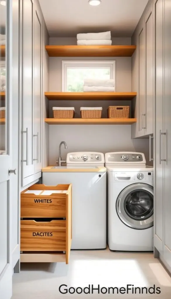 A stylish, space-saving laundry sorting system in a small, modern laundry room, cleverly integrated into cabinetry. In the foreground, sleek, pull-out bins labeled for whites, colors, and delicates, crafted from wood with a polished finish. The middle features a compact washing machine and dryer, both in a classic white finish, flanked by light grey cabinetry with chrome handles. Bamboo shelving above showcases neatly folded towels and baskets, adding a touch of natural warmth. In the background, a window allowing soft, diffused natural light to brighten the space, enhancing the clean and organized feel. The overall mood is efficient and serene, with an emphasis on maximizing small spaces. Image style is realistic and lifestyle-focused, reflecting a Pinterest aesthetic, featuring the brand "GoodHomeFinds".