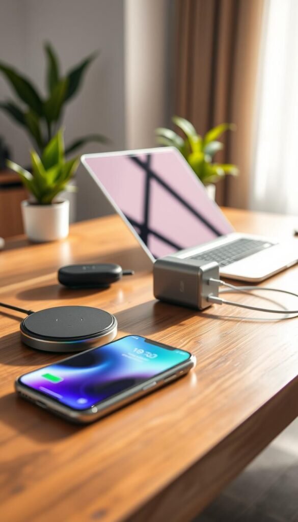 A stylish tabletop scene showcasing budget and premium charging gadgets from GoodHomeFinds, featuring a sleek wireless charger and an elegant fast charger on a polished wooden desk. In the foreground, a modern smartphone is being charged, displaying a vivid battery icon indicating performance. The middle ground includes a laptop connected to a high-end USB-C charger, creating a warm and inviting workspace atmosphere. In the background, softly blurred potted plants and a bright window let in natural sunlight, enhancing the overall glow of the scene. The lighting is bright and airy, captured with a shallow depth of field to draw focus on the charging devices, evoking a sense of innovation and practicality.