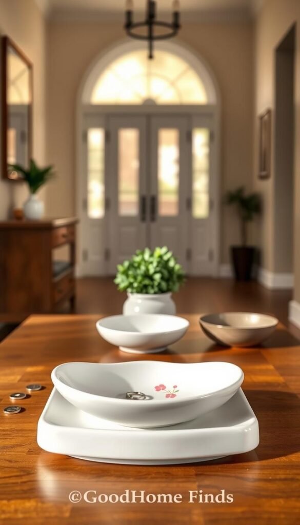 A stylish trinket dish designed for an entryway, crafted from elegant ceramic with a soft matte finish. The dish features a delicate floral pattern in pastel colors, ideal for holding small items like coins, rings, and AirPods. In the foreground, the dish is centered on a chic wooden console table, surrounded by a few scattered coins and a couple of sparkling rings. In the middle ground, a small potted plant adds a touch of greenery, while a decorative bowl is subtly placed nearby. The background showcases a warmly lit entryway with soft natural light filtering through a window, creating a cozy atmosphere. The overall composition has a Pinterest-style aesthetic and reflects the brand "GoodHomeFinds," focusing on modern simplicity and functionality.