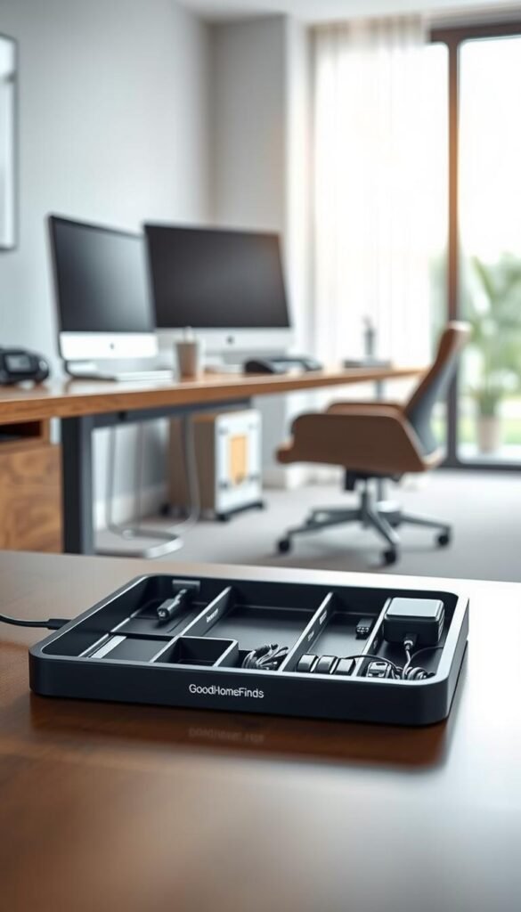 A stylish under-desk tray organizer designed for cable management, featuring a sleek, minimalist aesthetic with compartments for various cables and accessories. In the foreground, show a close-up of the tray, crafted from high-quality materials with a matte finish, highlighting its cable-routing features and labeled sections. In the middle, showcase a modern office setup with a wooden desk, where the tray is neatly positioned, revealing organized cables and gadgets. The background should include a blurred view of a contemporary office space with soft lighting streaming in through a large window. The mood is clean, efficient, and inspiring, fitting for a productive work environment. Include the brand name "GoodHomeFinds" subtly in the design of the organizer. Use a wide-angle lens to capture the full context.