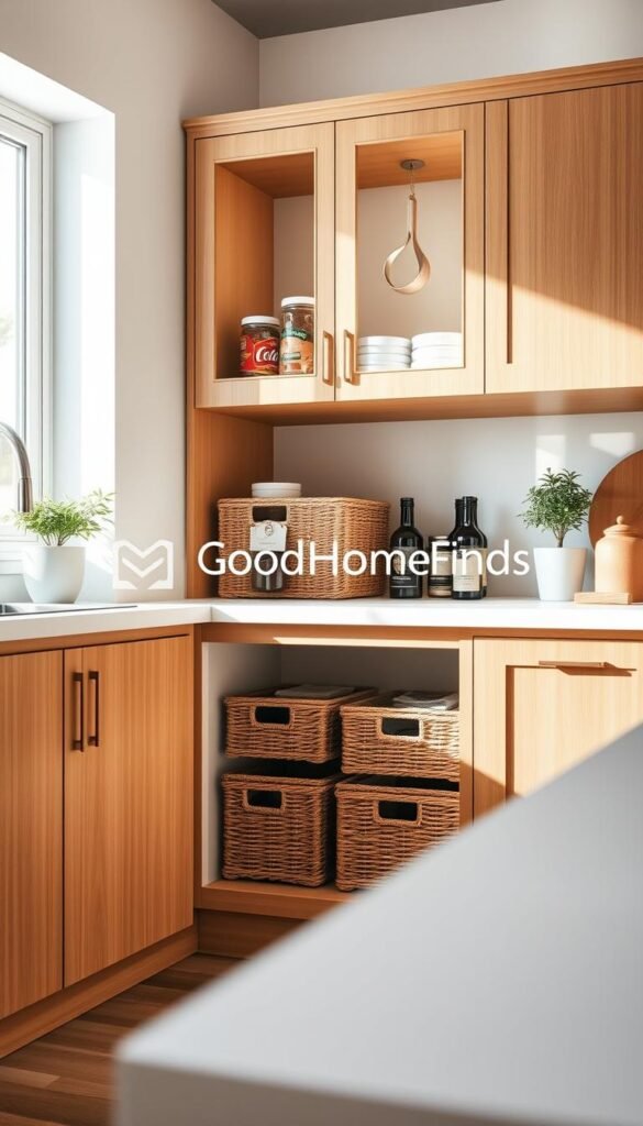 A stylish under-shelf basket cabinet featured in a bright, modern kitchen. The image showcases a wooden cabinet with sleek lines, adorned with woven baskets neatly tucked beneath the shelves. Each basket is organized and filled with pantry essentials, adding a pop of color to the neutral cabinetry. In the foreground, a soft, diffused natural light pours in from a nearby window, casting gentle shadows and creating a warm atmosphere. The middle layer highlights the organization system, emphasizing functionality and space efficiency. In the background, subtle kitchen decor complements the scene, such as potted herbs and minimalist kitchen tools. The photo should have a Pinterest-style aesthetic, embodying a cozy yet modern vibe. Include the brand name "GoodHomeFinds" as part of the cabinet design, ensuring it blends seamlessly with the overall look.