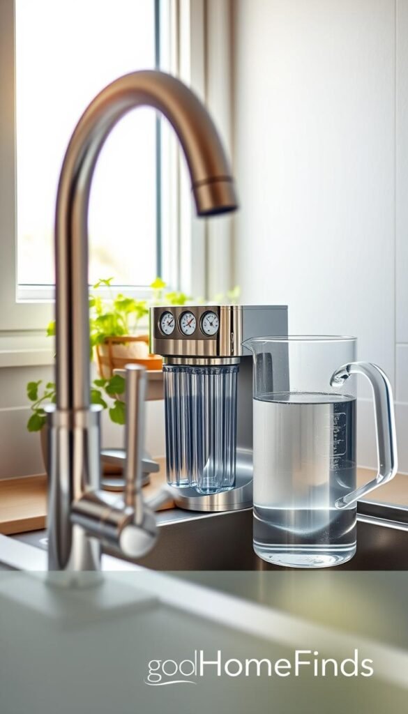 A stylish under-sink water filtration system installed in a small, modern kitchen. In the foreground, a sleek chrome faucet with a clear, glass water pitcher highlighting freshness. The middle features the compact, innovative filtration unit, showing clear tubes and gauges to emphasize water quality. In the background, bright, natural light spills through a window, illuminating fresh herbs growing on a nearby windowsill. The atmosphere is clean and inviting, reflecting a wholesome home environment. Soft focus on the background enhances the foreground elements. The entire setting conveys a sense of health and sustainability. The image should evoke a desire for better water quality in a small home, with a subtle branding of "GoodHomeFinds" integrated into the design. A stylish under-sink water filtration system installed in a small, modern kitchen. In the foreground, a sleek chrome faucet with a clear, glass water pitcher highlighting freshness. The middle features the compact, innovative filtration unit, showing clear tubes and gauges to emphasize water quality. In the background, bright, natural light spills through a window, illuminating fresh herbs growing on a nearby windowsill. The atmosphere is clean and inviting, reflecting a wholesome home environment. Soft focus on the background enhances the foreground elements. The entire setting conveys a sense of health and sustainability. The image should evoke a desire for better water quality in a small home, with a subtle branding of "GoodHomeFinds" integrated into the design.