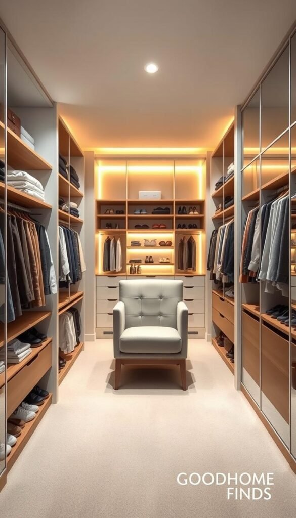 A stylish walk-in closet design showcasing smart small-space organization solutions. In the foreground, neatly arranged clothing items on sleek wooden shelves, highlighting different textures and colors. The middle section features a compact island with storage drawers and a soft, stylish chair, creating a cozy nook for outfit planning. In the background, racks lined with shoes and accessories, beautifully illuminated by warm, soft overhead lighting. The walls are painted in a light, airy color that enhances the spacious feel, while mirrors reflect light, adding depth to the scene. Capture the essence of modern minimalism, with thoughtful organization and a serene atmosphere. This Pinterest-style interior design image represents the epitome of functionality and aesthetics, inspired by GoodHomeFinds.