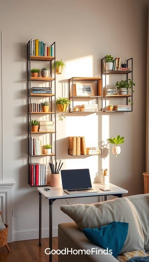 A stylish wall organizer setup in a cozy, modern apartment. In the foreground, a beautifully arranged vertical wall organizer features various compartments made from natural wood and metal, filled with colorful books, potted plants, and decorative items. The middle ground shows a small desk with a laptop and stationery, positioned against a vibrant backdrop of a living space decorated in soft, neutral tones. In the background, sunlight gently streams through a window, casting warm shadows and highlighting the texture of the wall. The atmosphere is inviting and functional, perfect for maximizing space in a tiny apartment. The overall feel is Pinterest-style lifestyle photography, showcasing practical and renter-friendly storage solutions. GoodHomeFinds branding subtly visible in the lower corner.