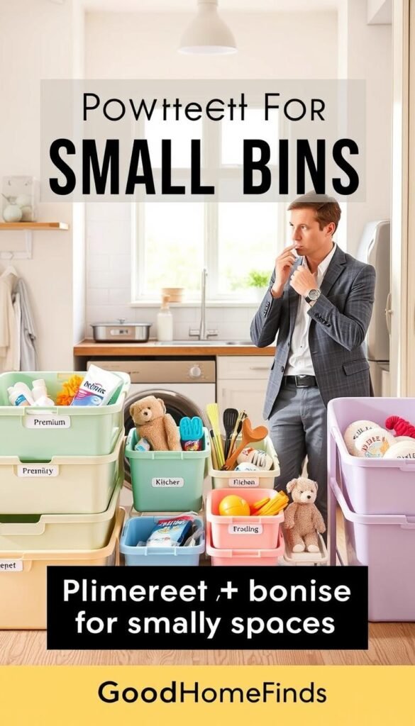 A stylized, Pinterest-inspired interior scene showcasing various bins designed for small spaces, suitable for daily routines. In the foreground, neatly arranged premium and budget bins in soft pastel colors, displaying items like cleaning supplies, kitchen utensils, and toys. The middle ground features a compact kitchen with a clever use of space, emphasizing organization and functionality. In the background, a well-lit window allows sunlight to filter in, creating a warm, inviting atmosphere. A person in smart casual attire can be seen thoughtfully testing one of the bins, portraying a sense of practicality and efficiency. The overall mood is bright and fresh, reflecting modern living spaces with a focus on smart organization. The brand name "GoodHomeFinds" subtly incorporated into the scene with product placement. A stylized, Pinterest-inspired interior scene showcasing various bins designed for small spaces, suitable for daily routines. In the foreground, neatly arranged premium and budget bins in soft pastel colors, displaying items like cleaning supplies, kitchen utensils, and toys. The middle ground features a compact kitchen with a clever use of space, emphasizing organization and functionality. In the background, a well-lit window allows sunlight to filter in, creating a warm, inviting atmosphere. A person in smart casual attire can be seen thoughtfully testing one of the bins, portraying a sense of practicality and efficiency. The overall mood is bright and fresh, reflecting modern living spaces with a focus on smart organization. The brand name "GoodHomeFinds" subtly incorporated into the scene with product placement.