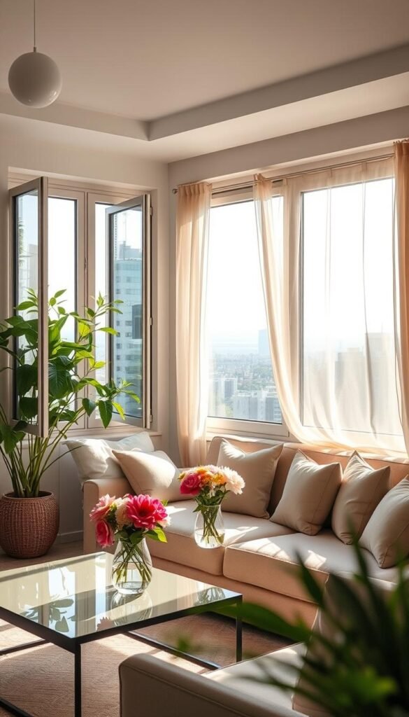 A sunlit, airy apartment space featuring large windows opened wide, revealing fresh, green plants swaying gently in the soft breeze. In the foreground, a cozy living area with a comfortable, neutral-toned sofa adorned with light pastel cushions. A stylish coffee table holds a vase of freshly cut flowers, adding a vibrant splash of color. In the middle ground, a light sheer curtain billows softly, enhancing the feeling of openness and freshness. The sunlight filters through, casting soft, warm shadows, creating a serene atmosphere. In the background, a glimpse of a city skyline is visible, emphasizing urban life while still feeling connected to nature. The overall mood is refreshing, inviting, and tranquil. This image is styled to reflect a modern lifestyle, perfect for illustrating the concept of fresh air in apartment living. GoodHomeFinds.