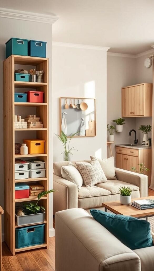 A tasteful, well-organized small apartment showcasing renter-friendly storage solutions. In the foreground, a stylish open shelving unit made from light wood filled with neatly stacked colorful bins and decorative items, embodying a mix of cheap and premium aesthetics. The middle ground features a cozy living space with a compact sofa adorned with soft cushions and a coffee table decorated with books and houseplants, reinforcing a welcoming atmosphere. The background reveals a kitchen with innovative vertical storage, such as hanging utensils and cabinets with clever space-saving techniques. Soft, natural light filters through a nearby window, highlighting the warmth of the space. The overall mood is inviting, practical, and stylish, reflecting the brand "GoodHomeFinds" in a Pinterest-inspired lifestyle setting.