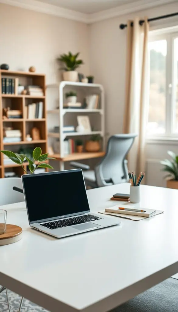 A tidy and efficient small workspace setup in a cozy home office. In the foreground, a sleek, modern desk holds a minimalist laptop, a potted plant, and neatly arranged stationery. The middle ground features a comfortable ergonomic chair and a bookshelf filled with organized books and decorative items. The background showcases a window with soft, natural light streaming in, illuminating the space with a warm glow. The color palette is dominated by soft earth tones and pastels, creating a calming atmosphere. Use a shallow depth of field to focus on the desk while slightly blurring the background, enhancing the intimate feel of the workspace. The image embodies a professional, inviting environment, perfect for showcasing "GoodHomeFinds" products while illustrating setup efficiency in challenging spaces.