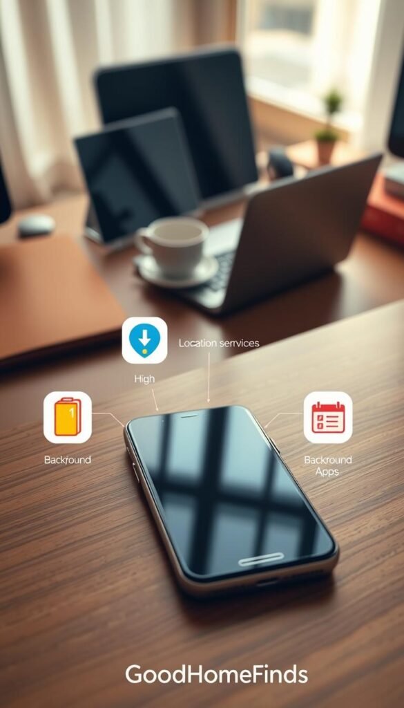 A top-down view of a modern smartphone on a sleek wooden desk, showcasing various common battery-draining mistakes. In the foreground, the phone is surrounded by icons representing high screen brightness, location services, background apps, and notifications, all illustrated in a colorful, minimalistic style. In the middle, a subtle reflection of a workspace with a laptop and a coffee cup hints at a productive environment. The background features a softly blurred window with natural light streaming in, creating a warm and inviting atmosphere. The overall mood should be informative yet engaging, akin to a Pinterest lifestyle photo, with a polished, contemporary aesthetic. The brand name "GoodHomeFinds" subtly integrated into the design.