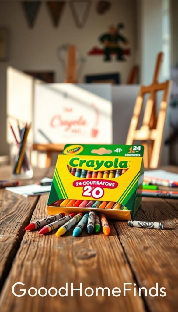 A vibrant 24-count box of Crayola crayons, showcasing a rainbow of colors neatly arranged inside. The foreground features the crayon box open, invitingly spilling out a few crayons onto a rustic wooden table. In the middle, the crayons should be highlighted, their labels clearly featuring the Crayola logo. The background softly features an artist's workspace with a blurred canvas, pencils, and paper, creating a creative atmosphere. Natural light filters in from a nearby window, casting gentle shadows and enhancing the colors of the crayons. The overall mood is cheerful and artistic, encapsulating the joy of creativity. The image should be beautifully styled, reminiscent of Pinterest lifestyle photography, with the brand name "GoodHomeFinds" subtly incorporated in the scene without any text overlays.