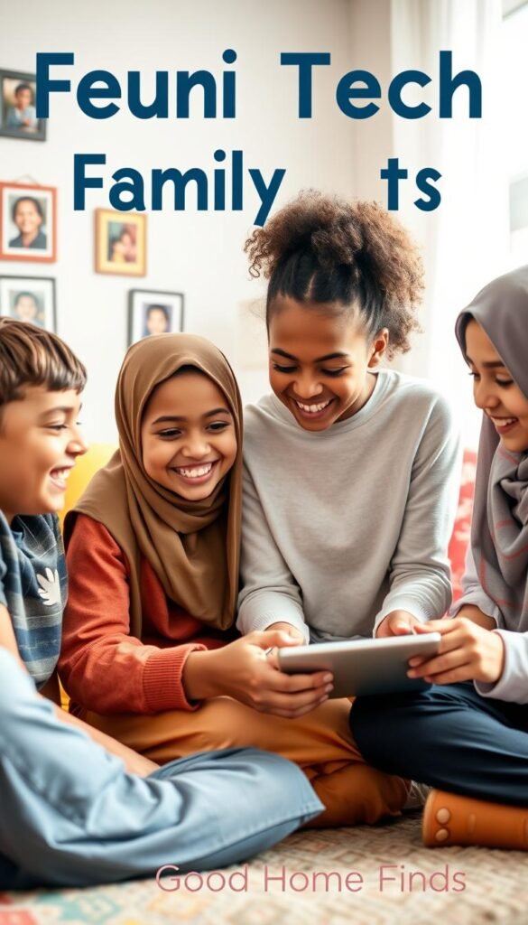 A vibrant and heartwarming scene featuring a diverse group of four kids aged 7-12 years old, engaged in a fun family tech activity. In the foreground, two boys and two girls are gathered around a tablet, sharing laughs and ideas, their expressions lively and animated. The children, dressed in casual yet modest clothing, reflect cultural diversity. The middle ground shows a cozy living room setting with colorful cushions and family photos on the walls, creating a nurturing environment. The background features a window with soft, natural light streaming in, illuminating the scene and adding warmth. The atmosphere is joyful and inviting, emphasizing collaboration and learning. Photography style is realistic with a focus on capturing the genuine interactions between the kids, ideal for a lifestyle article by GoodHomeFinds.