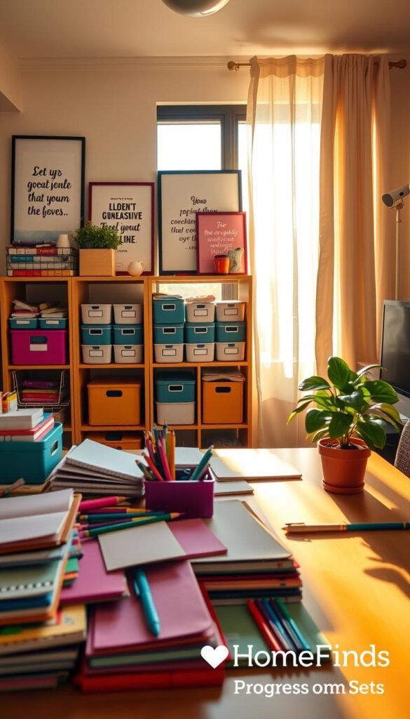 A vibrant and inspiring workspace that embodies a progress mindset for ADHD. In the foreground, a cozy desk cluttered with colorful organizers, notebooks, and a potted plant, reflecting a lively and creative atmosphere. The middle ground features a thoughtfully arranged shelf filled with labeled storage boxes and motivational quotes framed on the wall, enhancing the theme of organization. In the background, a sunlit window with sheer curtains lets in warm, natural light, creating a sense of openness and positivity. The scene is designed to evoke feelings of productivity and calm, with soft shadows and a welcoming ambiance, capturing a realistic, Pinterest-style lifestyle photo. GoodHomeFinds logo subtly integrated into the design. A vibrant and inspiring workspace that embodies a progress mindset for ADHD. In the foreground, a cozy desk cluttered with colorful organizers, notebooks, and a potted plant, reflecting a lively and creative atmosphere. The middle ground features a thoughtfully arranged shelf filled with labeled storage boxes and motivational quotes framed on the wall, enhancing the theme of organization. In the background, a sunlit window with sheer curtains lets in warm, natural light, creating a sense of openness and positivity. The scene is designed to evoke feelings of productivity and calm, with soft shadows and a welcoming ambiance, capturing a realistic, Pinterest-style lifestyle photo. GoodHomeFinds logo subtly integrated into the design.
