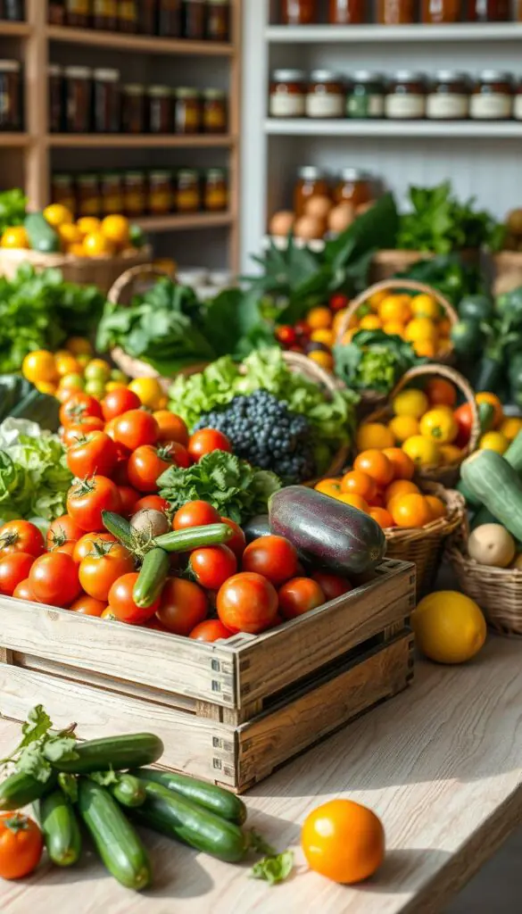 A vibrant and inviting display of fresh produce, featuring an assortment of colorful fruits and vegetables such as ripe tomatoes, crisp cucumbers, leafy greens, and citrus fruits. In the foreground, a rustic wooden crate overflowing with organic produce sits atop a light, textured table. In the middle, various baskets filled with wholesome selections are arranged artistically, showcasing the variety and abundance available through community markets and surplus options. The background includes softly blurred shelves lined with jars of preserves, evoking a warm, community atmosphere. The lighting is natural and bright, casting soft shadows and enhancing the colors, creating a cheerful mood. Capture this in a high-quality, Pinterest-style lifestyle photo for GoodHomeFinds, using a shallow depth of field to focus on the produce while gently blurring the background.