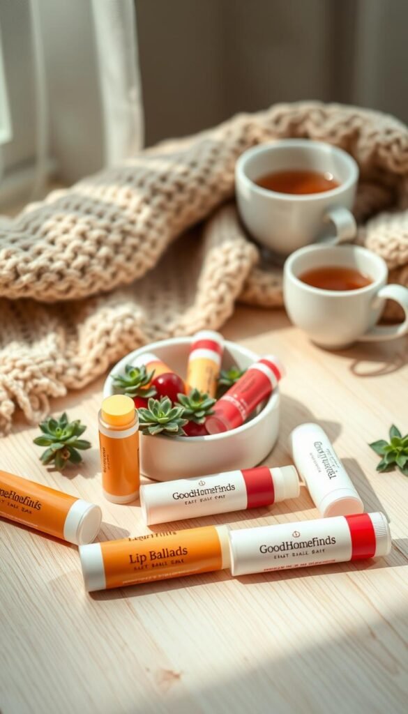 A vibrant and inviting flat lay of a multi-pack lip balm set featuring various flavors like vanilla, cherry, and mint. The foreground showcases elegant tubes with a glossy finish, arranged artistically on a soft, light-colored wooden surface. In the middle, a stylish ceramic dish holds a few tubes, some slightly rolled open to display the smooth balm texture, while small succulent plants add a touch of greenery. The background is softly blurred, highlighting cozy home elements like a warm knit blanket and a steaming cup of herbal tea, creating a tranquil atmosphere. Soft, natural lighting cascades from an angle, enhancing the colors and textures, evoking a sense of calm and comfort. The image subtly includes the brand name "GoodHomeFinds" elegantly displayed on one of the lip balm tubes, emphasizing quality.