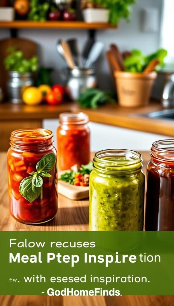 A vibrant and inviting kitchen scene featuring an array of colorful sauces in glass jars, elegantly displayed on a wooden countertop. In the foreground, a creamy pesto with fresh basil leaves, a tangy marinara sauce with diced tomatoes, and a rich teriyaki sauce glisten under soft, natural lighting. In the middle ground, a small cutting board holds chopped herbs and spices, adding texture and depth. The background showcases a blurred kitchen setting with fresh vegetables and utensil storage, creating a warm, homely atmosphere. The scene embodies a cheerful and inspiring mood, perfect for meal prep inspiration, conveying the essence of flavor and creativity in cooking. The overall aesthetic is Pinterest-worthy, focused on enhancing meal prep with exciting sauces. GoodHomeFinds.