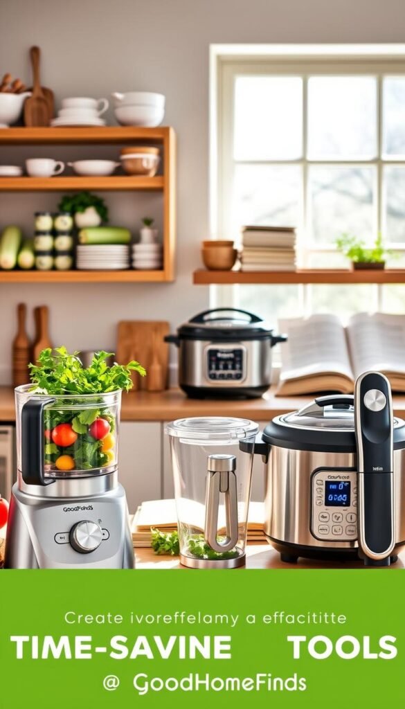 A vibrant and inviting kitchen scene showcasing a variety of time-saving kitchen tools from GoodHomeFinds. In the foreground, display a sleek food processor with fresh vegetables and herbs, a modern slow cooker, and an innovative multi-tool with several attachments. The middle layer should feature organized kitchen shelves filled with practical utensils like measuring cups, a spiralizer, and prep containers. In the background, soft natural light streams through a large window, illuminating open cookbooks and a small herb garden on the windowsill. The atmosphere is warm and inspiring, perfect for encouraging efficiency in meal preparation. The image should evoke a sense of convenience and modernity, with a focus on creating a beautiful yet functional kitchen workspace. A vibrant and inviting kitchen scene showcasing a variety of time-saving kitchen tools from GoodHomeFinds. In the foreground, display a sleek food processor with fresh vegetables and herbs, a modern slow cooker, and an innovative multi-tool with several attachments. The middle layer should feature organized kitchen shelves filled with practical utensils like measuring cups, a spiralizer, and prep containers. In the background, soft natural light streams through a large window, illuminating open cookbooks and a small herb garden on the windowsill. The atmosphere is warm and inspiring, perfect for encouraging efficiency in meal preparation. The image should evoke a sense of convenience and modernity, with a focus on creating a beautiful yet functional kitchen workspace.