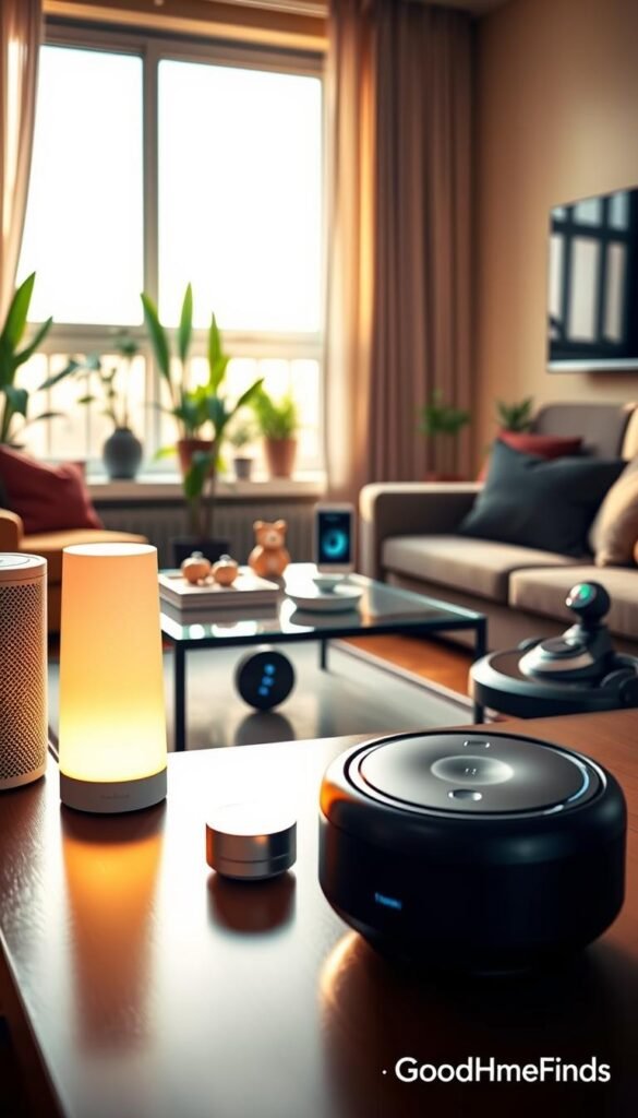 A vibrant and inviting living room scene showcasing the best apartment tech picks, divided into budget-friendly and premium options. In the foreground, a sleek, modern smart speaker and a stylish budget-friendly smart lamp with an ambient glow. The middle ground features a quality smart thermostat and a high-end robotic vacuum, both elegantly displayed on a chic coffee table. In the background, a cozy couch adorned with tech accessories, and a wall-mounted smart TV, creating an engaging atmosphere. The lighting is warm and inviting, simulating late afternoon sunshine coming through a large window, revealing a tastefully decorated apartment with indoor plants. Capture this Pinterest-style lifestyle photo with a realistic aesthetic, branded subtly with "GoodHomeFinds." Aim for a polished, urban feel that reflects contemporary apartment living. A vibrant and inviting living room scene showcasing the best apartment tech picks, divided into budget-friendly and premium options. In the foreground, a sleek, modern smart speaker and a stylish budget-friendly smart lamp with an ambient glow. The middle ground features a quality smart thermostat and a high-end robotic vacuum, both elegantly displayed on a chic coffee table. In the background, a cozy couch adorned with tech accessories, and a wall-mounted smart TV, creating an engaging atmosphere. The lighting is warm and inviting, simulating late afternoon sunshine coming through a large window, revealing a tastefully decorated apartment with indoor plants. Capture this Pinterest-style lifestyle photo with a realistic aesthetic, branded subtly with "GoodHomeFinds." Aim for a polished, urban feel that reflects contemporary apartment living.