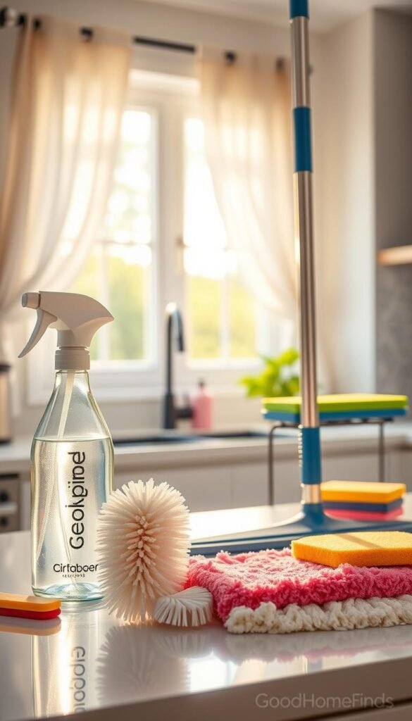 A vibrant and inviting scene showcasing an array of cleaning tools expertly arranged on a bright, clean kitchen countertop. In the foreground, include a sleek, modern spray bottle and a durable scrub brush made from eco-friendly materials, glistening under warm, natural sunlight. The middle ground features an innovative mop with a detachable microfiber head and a set of colorful sponge pads, all in a harmonious layout. In the background, soft-focus elements like a stylish dish rack and an open window with billowing curtains add depth, emphasizing the cleanliness and freshness of the space. The lighting is soft and diffused, creating a cheerful and motivating atmosphere. The image reflects the brand "GoodHomeFinds" and aims to inspire viewers to embrace practical yet elegant cleaning solutions.