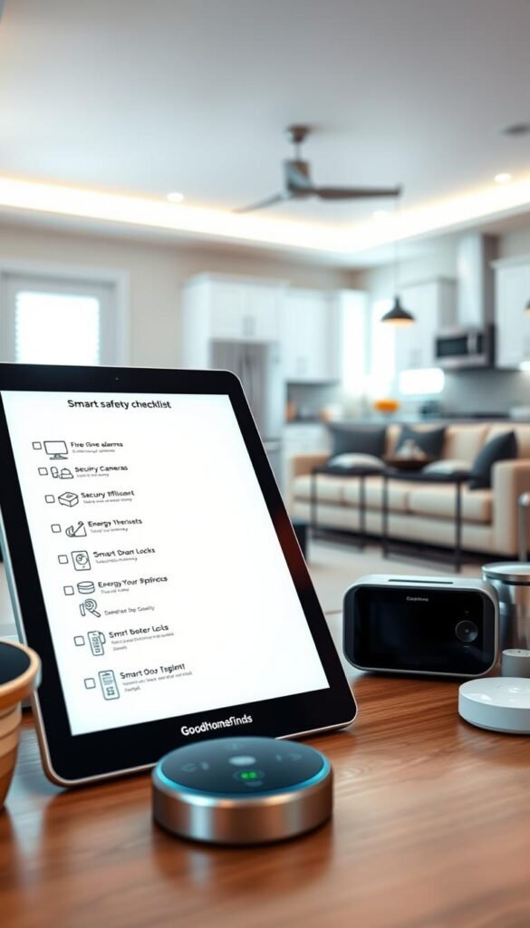 A vibrant and modern smart home interior scene depicting a detailed safety checklist. In the foreground, a sleek, digital tablet displays the checklist, featuring icons for fire alarms, security cameras, and energy-efficient appliances, reflecting the brand "GoodHomeFinds". Surrounding the tablet, neatly arranged gadgets, such as a smart thermostat and smart door locks, present a cohesive aesthetic. The middle ground shows a stylish living room with a cozy sofa and smart lighting subtly illuminating the space, enhancing its warmth. In the background, smart appliances can be seen in a contemporary kitchen, emphasizing a tech-savvy environment. The lighting is bright and inviting, creating a fresh atmosphere. Capture the mood of safety, innovation, and modern domestic life, with a focus on quality checks and gadget integration.