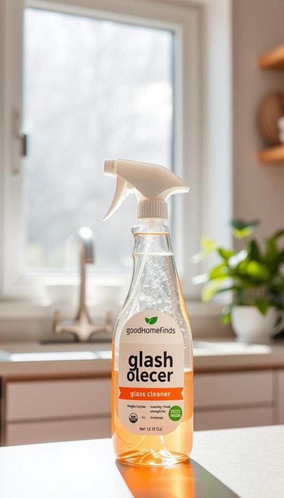 A vibrant and stylish kitchen setting featuring a bottle of "GoodHomeFinds" glass cleaner prominently displayed in the foreground. The bottle is sleek and modern, with a sprayer top and label showcasing its eco-friendly attributes. In the middle, a large, sparkling clean window reflects sunlight filtering in, casting soft, warm light across the scene. To the background, a dish rack holds neatly organized dishware, with a green plant adding a touch of life. The image is captured with a shallow depth of field to emphasize the glass cleaner while softly blurring the surroundings. A bright and cheerful atmosphere prevails, evoking feelings of cleanliness and efficiency in everyday chores. The overall composition achieves a Pinterest-style aesthetic that inspires a sense of refreshment and organization.