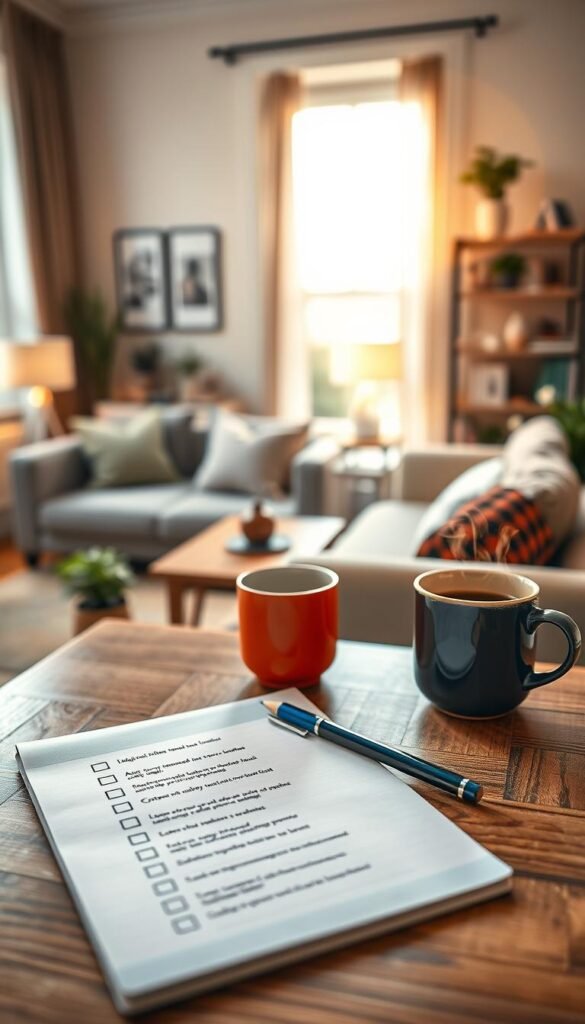 A vibrant apartment checklist on a stylish wooden table, showcasing essential items like a cozy sofa, decorative plants, kitchen utensils, and practical storage solutions, all arranged aesthetically. In the foreground, a sleek notepad with bullet points and a pencil rests beside a steaming cup of coffee, emanating a warm, inviting atmosphere. The middle ground features a softly lit living room with warm, natural light coming through a large window, casting gentle shadows that enhance the cozy vibe. In the background, a small bookshelf holding affordable decor items adds character to the scene. The overall mood reflects smart shopping for affordable living. Shot with a 35mm lens, creating a depth of field that draws focus to the checklist. Visual style inspired by GoodHomeFinds.