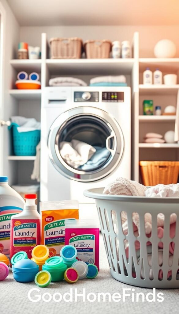 A vibrant, bright laundry room featuring a variety of innovative laundry products designed to save time and protect clothes. In the foreground, prominently display an assortment of colorful laundry pods, fabric softeners, and a sleek, modern laundry basket. In the middle ground, showcase a high-efficiency washing machine with a glass door, revealing a load of fresh, clean clothes inside. The background should feature neatly arranged shelves with additional laundry essentials like stain removers and dryer balls. Soft, natural light streams through a window, creating a warm and inviting atmosphere. The room should be tidy and organized, evoking a sense of efficiency and practicality. Incorporate the brand name "GoodHomeFinds" subtly in the scene, enriching the lifestyle feel in a Pinterest-style presentation.