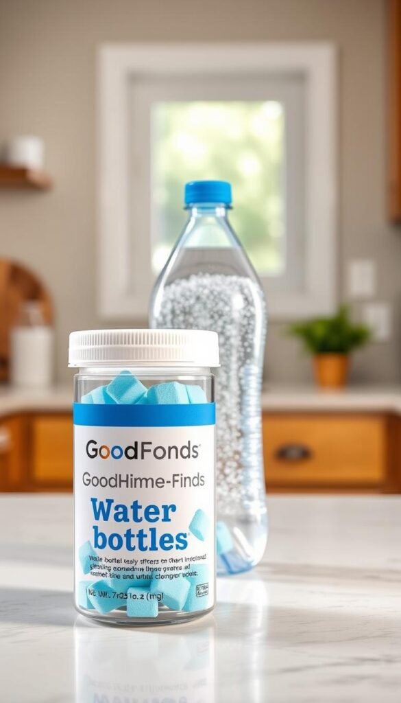 A vibrant, close-up image of a container of "GoodHomeFinds" water bottle cleaning tablets, positioned prominently in the foreground. The container features a clear, modern design with a resealable cap, showcasing the tablets inside. Soft lighting highlights the tablets' effervescent texture, enhancing their vibrant colors. In the middle distance, a clean, sparkling water bottle sits elegantly, partially filled with water, revealing the contrast between clean and unclean surfaces. In the background, a tidy kitchen setting can be seen, with a hint of natural daylight coming through a window, creating a fresh and inviting atmosphere. The image conveys a sense of practicality and home organization, appealing to those looking for effective cleaning solutions.