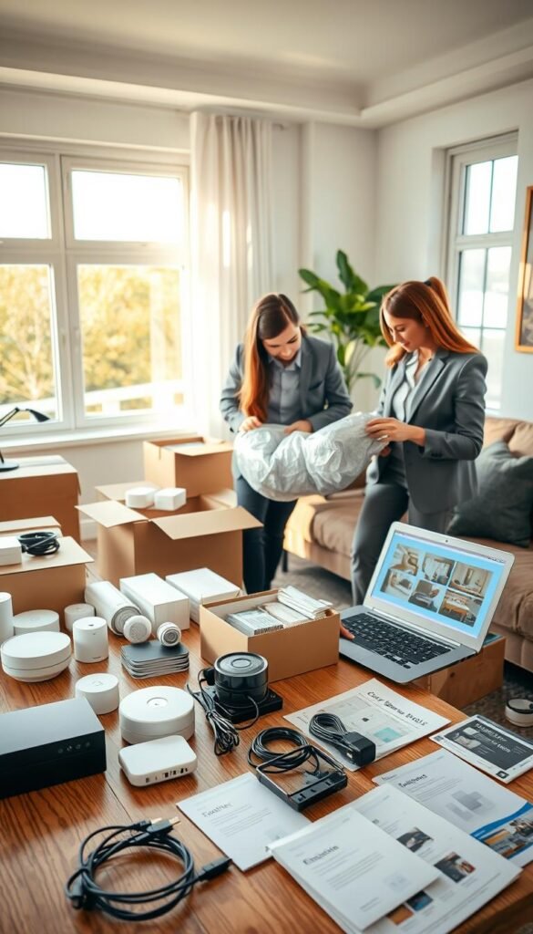 A vibrant, cozy living room scene portraying a couple in professional business attire expertly packing security tech equipment into moving boxes. In the foreground, a well-organized table displays various smart home devices, cables, and manuals, with a laptop open and displaying the GoodHomeFinds website for reference. The middle ground features the couple actively working together, one person gently wrapping an item in bubble wrap, while the other labels boxes with care. In the background, large windows let in natural light, casting warm shadows that enhance the atmosphere of efficiency and teamwork. The overall mood is focused and collaborative, reflecting a smooth and organized moving experience in a stylish interior.