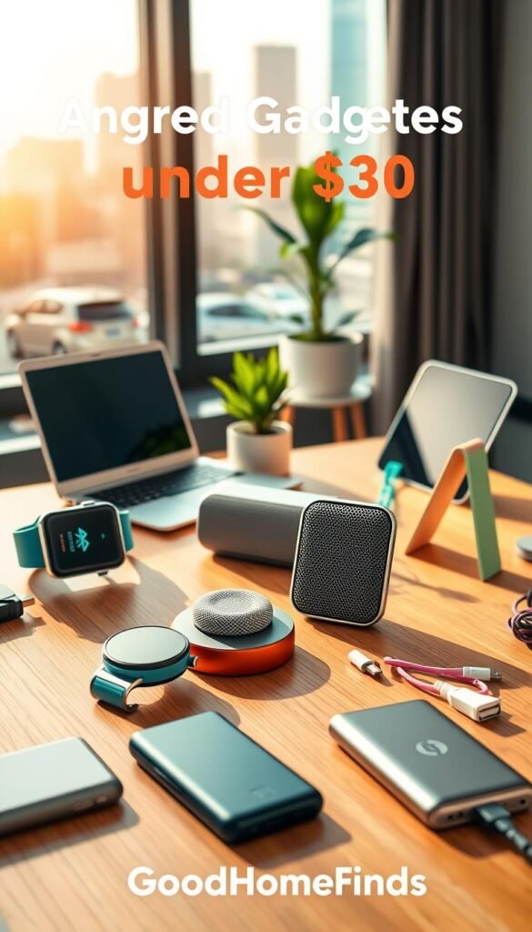 A vibrant display of assorted gadgets priced under $30, featuring a sleek smartwatch, compact Bluetooth speaker, multi-functional phone stand, colorful USB charging cables, and a minimalist portable power bank. The foreground showcases these gadgets on a stylish wooden table, arranged aesthetically. The middle ground includes a modern workspace with a potted plant and an open laptop, hinting at productivity. The background features a softly blurred cityscape through a large window, suggesting innovation and modern living in 2026. Warm, natural lighting illuminates the scene, casting soft shadows, while a shallow depth of field emphasizes the gadgets. The overall mood conveys excitement and accessibility in tech, perfect for everyday users. Include the brand name "GoodHomeFinds" subtly in the composition.