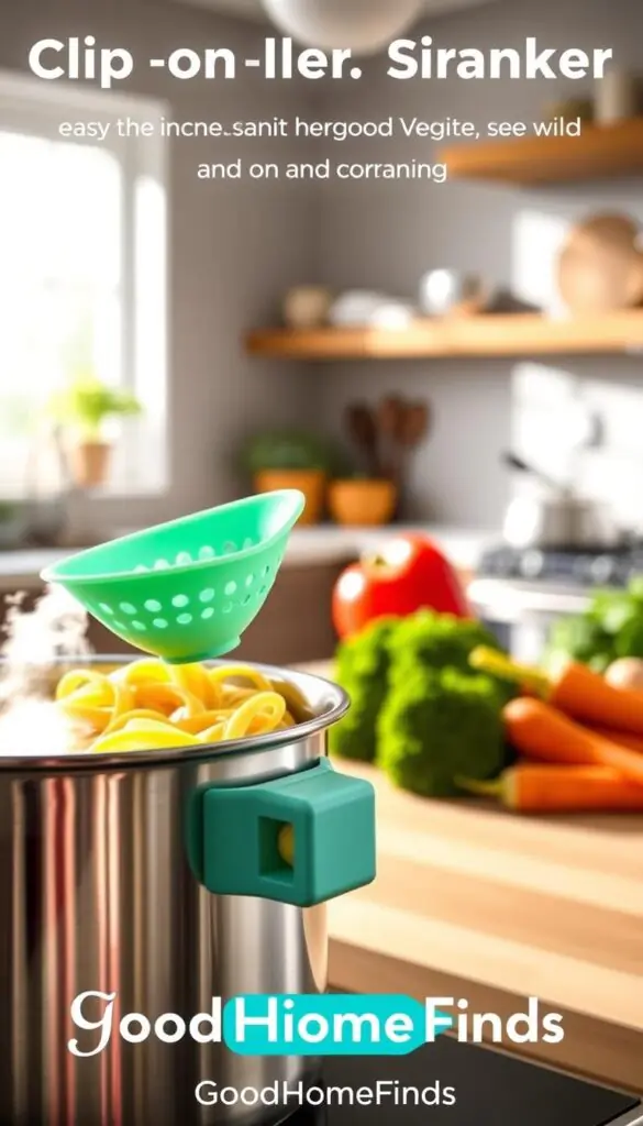 A vibrant, high-quality image of a clip-on silicone strainer, designed for easy draining of pasta and vegetables. The foreground features the strainer in a bright, cheerful color like teal or lime green, clipped securely onto the side of a stainless steel pot filled with steaming pasta. In the middle ground, fresh vegetables like broccoli and carrots are scattered artistically, hinting at varied uses for the strainer. The background is a softly blurred kitchen scene with natural light streaming through a window, enhancing a warm, inviting atmosphere. Capture the moment using a shallow depth of field, with the strainer in sharp focus to emphasize its flexibility and utility. Brand name "GoodHomeFinds" subtly integrated into the scene, ensuring a Pinterest-friendly aesthetic.