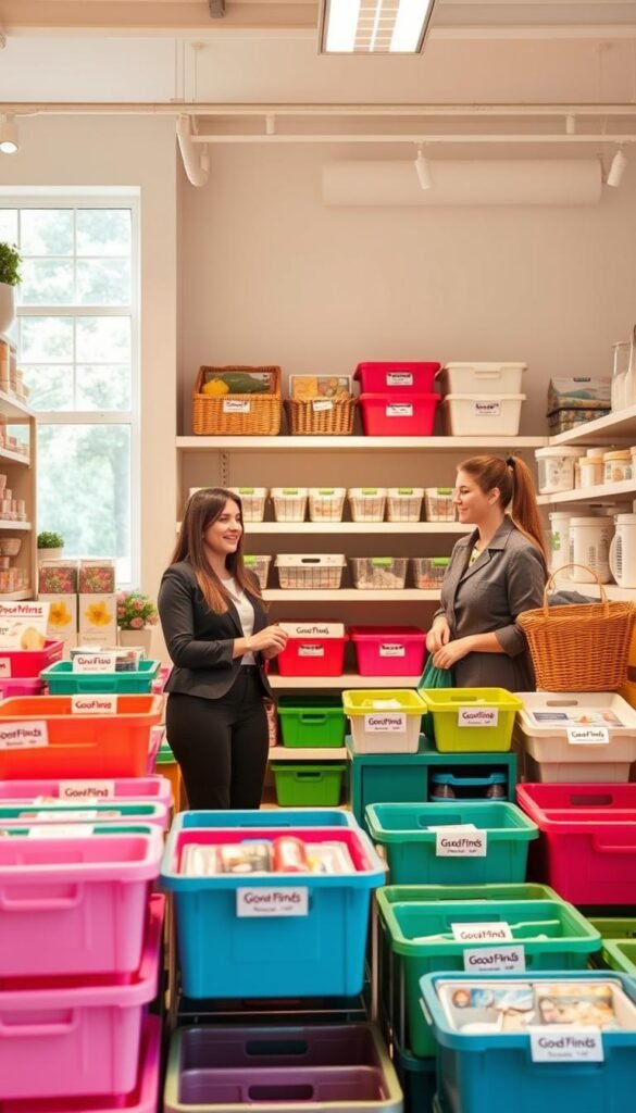 A vibrant, inviting room showcasing a "Cheaper Alternatives Store" with a variety of budget-friendly organization products. In the foreground, a neatly arranged display of colorful storage bins and organizers, meticulously labeled with prices, suggesting affordability and practicality. The middle ground features shelves stocked with budget items like wicker baskets, clear plastic containers, and eco-friendly storage solutions, all branded with "GoodHomeFinds." The background includes bright, soft lighting from large windows, illuminating the space and creating a warm, homey atmosphere. A friendly, professional-looking sales associate, wearing casual business attire, engages with a customer, showcasing a relatable shopping experience. The image captures an inspiring and cheerful mood, emphasizing smart, budget-conscious choices in home organization.