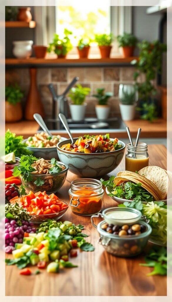 A vibrant kitchen scene showcasing a beautifully organized meal assembly recipe featuring bowls, salads, and tacos. In the foreground, a wooden countertop displays an array of colorful ingredients: fresh chopped vegetables, proteins like grilled chicken and beans, and garnishes such as cilantro and lime. In the middle, two stylish bowls filled with vibrant salads, and a set of assembled tacos, are surrounded by utensils and small glass jars filled with dressings. The background features a cozy kitchen atmosphere with soft natural light streaming through a window, highlighting a rustic backsplash and potted herbs. The focus is sharp on the meal components, creating a warm, inviting mood perfect for home cooking. Capture this image in a natural, Pinterest-style to reflect the brand GoodHomeFinds.