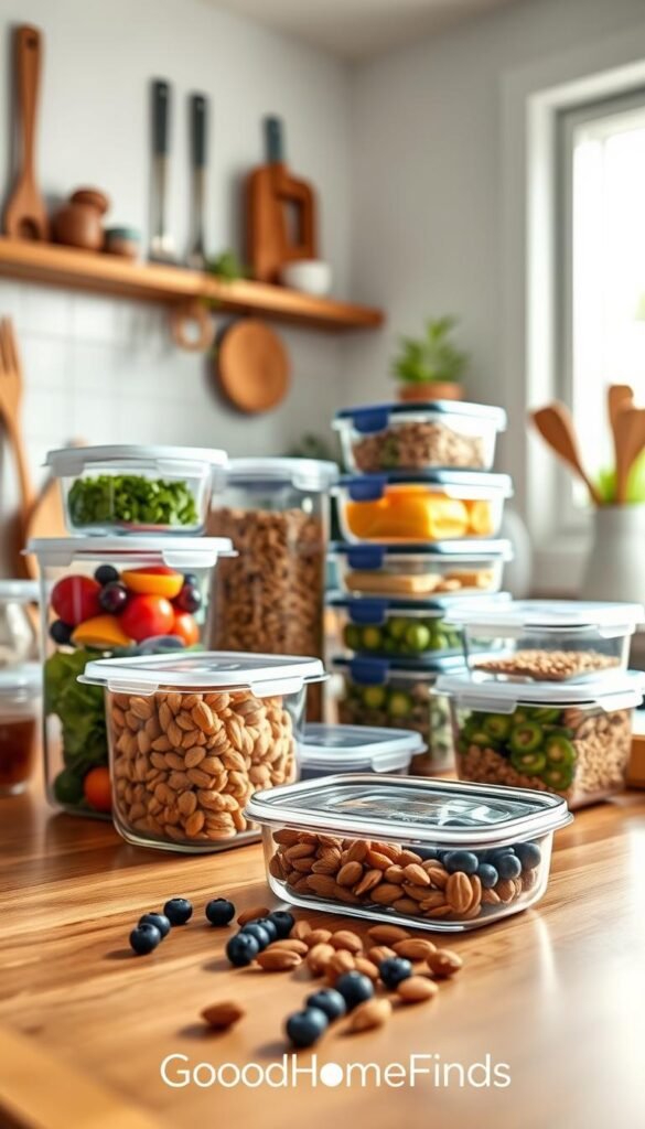 A vibrant kitchen scene showcasing a variety of reusable storage containers in different shapes and sizes, artfully arranged on a wooden countertop. The containers, made of glass and BPA-free plastic, are filled with fresh fruits, vegetables, and grains, emphasizing freshness and organization. In the foreground, a few colorful items like blueberries and almonds spill over, inviting engagement. The middle ground features neatly stacked containers with clear lids, displaying their contents, while a soft-focus background includes kitchen utensils and a sunlit window, casting gentle natural light onto the scene. The atmosphere reflects a modern, tidy, and eco-friendly kitchen, inspiring a clutter-free lifestyle. The image reflects the brand "GoodHomeFinds," perfect for everyday living.