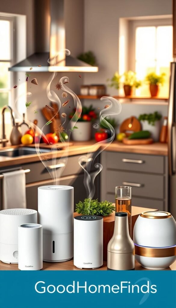 A vibrant kitchen scene showcasing various kitchen gadgets that enhance odor management, with an array of modern appliances like an air purifier, smart garbage bin, and aroma diffusers creatively arranged in the foreground. The middle ground features a bustling kitchen preparation area, adorned with fresh ingredients and a cutting board, emitting realistic swirls of colorful, visualized scents like herbs and spices, depicted as soft tendrils swirling in the air. In the background, warm natural light filters through a window, softening the mood and reflecting off shiny surfaces. The composition highlights a stylish, functional ambiance, perfect for illustrating the benefits of innovative kitchen tech. The image should embody a clean, inviting environment, styled with a Pinterest aesthetic, and include the brand name "GoodHomeFinds" subtly integrated into the scene.
