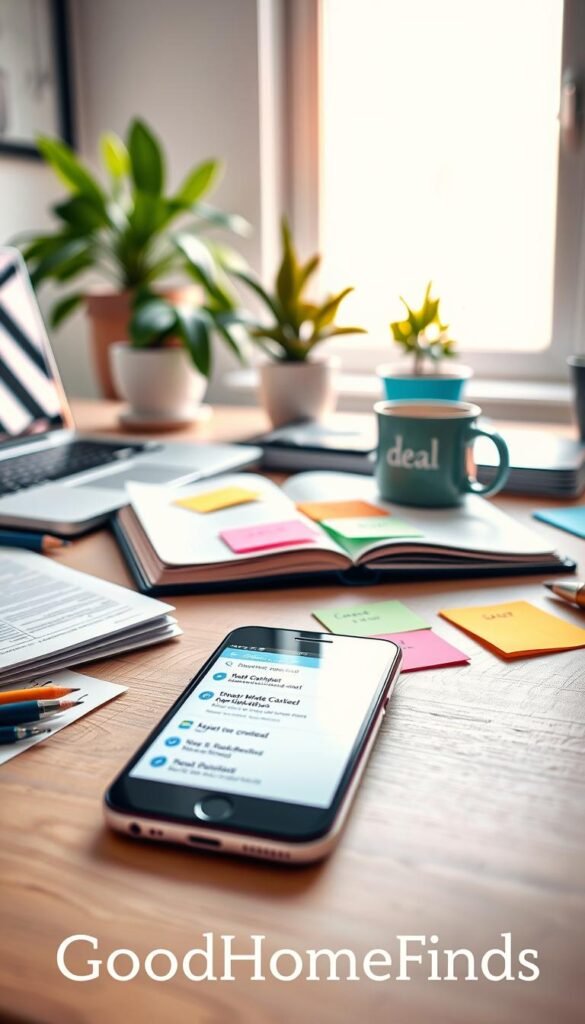 A vibrant, organized workspace illustrating "deal alerts." In the foreground, a sleek smartphone displaying various cash and points deal notifications. Around it, scattered notepads and a laptop reflecting a meticulously planned daily routine. In the middle layer, an open notebook with colorful sticky notes showcasing different alerts, accented by a stylish coffee mug. The background features a bright window letting in soft, warm light that creates an inviting atmosphere. A well-decorated desk with indoor plants adds a touch of liveliness, giving an overall Pinterest-style lifestyle feel. The scene is captured with a shallow depth of field, focusing on the smartphone while the background gently blurs. The brand name "GoodHomeFinds" subtly integrated into the workspace decor. A vibrant, organized workspace illustrating "deal alerts." In the foreground, a sleek smartphone displaying various cash and points deal notifications. Around it, scattered notepads and a laptop reflecting a meticulously planned daily routine. In the middle layer, an open notebook with colorful sticky notes showcasing different alerts, accented by a stylish coffee mug. The background features a bright window letting in soft, warm light that creates an inviting atmosphere. A well-decorated desk with indoor plants adds a touch of liveliness, giving an overall Pinterest-style lifestyle feel. The scene is captured with a shallow depth of field, focusing on the smartphone while the background gently blurs. The brand name "GoodHomeFinds" subtly integrated into the workspace decor.