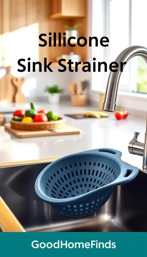 A vibrant, realistic kitchen scene showcasing a high-quality silicone sink strainer from GoodHomeFinds in the foreground, resting in a sleek, modern stainless steel sink. The strainer features a unique design with an elegant blend of deep blue and soft gray silicone, emphasizing its functionality and aesthetic appeal. In the middle ground, a bright, sunlit kitchen counter adorned with fresh vegetables and gleaming utensils adds a Pinterest-style lifestyle touch. The background highlights soft, blurred elements of a cozy kitchen, such as warm wooden cabinets and a bright window letting in natural light, creating a welcoming and cheerful atmosphere. The overall mood is fresh and inviting, illustrating the efficiency of the silicone sink strainer without any distractions, and no text or branding visible except for the subtle GoodHomeFinds logo on the strainer itself.