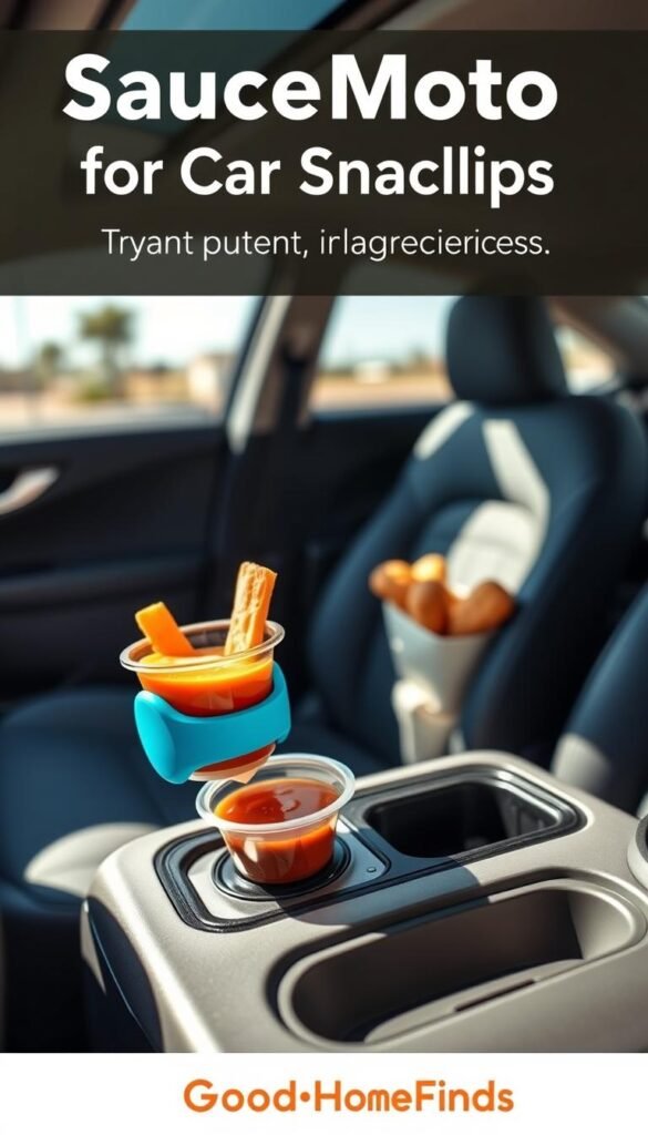 A vibrant, realistic lifestyle image showcasing the SauceMoto dip clip for car snacking, designed for a mess-free experience. In the foreground, a close-up view features the SauceMoto clip securely holding a small container of dipping sauce next to a bundled snack, such as carrots or chicken nuggets, on a car&rsquo;s center console. The middle layer displays the sleek interior of a modern car, highlighting the clip&rsquo;s convenience and practicality. The background reveals a sunny day outside the car window, creating a cheerful ambiance. The lighting is bright and inviting, capturing the essence of a joyful snack time. Use a wide-angle lens to enhance depth and focus on the SauceMoto clip. The image reflects a playful and functional mood, embodying the essence of hassle-free car dining. GoodHomeFinds branding subtly integrated into the scene without text.