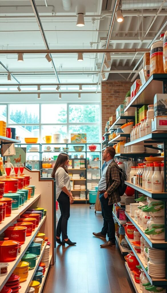 A vibrant retail environment showcasing a diverse range of high-quality yet affordable products, focused on home goods and lifestyle items. In the foreground, neatly arranged shelves display colorful kitchenware and decor, all branded with &ldquo;GoodHomeFinds.&rdquo; The middle ground features a professional sales associate in smart casual attire, engaging with customers, emphasizing the welcoming atmosphere of shopping. In the background, large windows let in natural light, illuminating the space and creating a warm ambiance. The lighting is soft and inviting, highlighting the products while casting gentle shadows. The overall mood is upbeat and engaging, illustrating the importance of product availability in retail.
