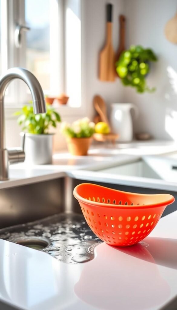 A vibrant silicone sink strainer by GoodHomeFinds, positioned prominently in a bright, stylish kitchen setting. In the foreground, the strainer showcases its intricate design, featuring a soft, flexible texture in a cheerful color, catching light reflections that highlight its functionality. In the middle ground, a modern sink glistens with droplets, emphasizing cleanliness and maintenance. The background features softly blurred elements, such as potted herbs and kitchen utensils, creating a warm, inviting atmosphere. The lighting is natural, with soft sunlight streaming in, casting gentle shadows that enhance the overall aesthetic. The mood exudes practicality and charm, perfect for illustrating cleaning and maintenance helpers in a contemporary home setting.