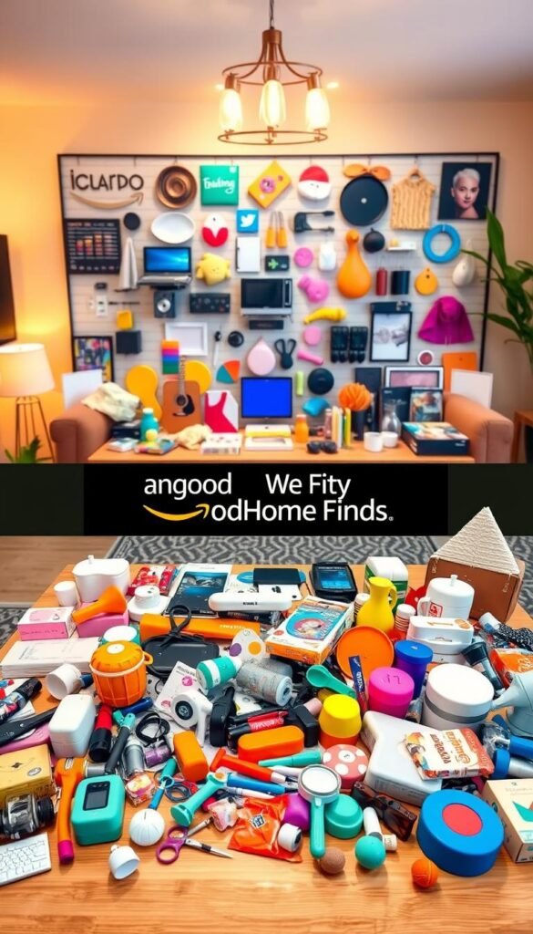 A vibrant split-scene showcasing the contrast between "cheap" and "viral" Amazon finds. In the foreground, display a neatly organized table cluttered with inexpensive, everyday products&mdash;simple kitchen gadgets, basic household items, and budget-friendly accessories&mdash;arranged in an inviting manner. The middle section transitions to a visually dynamic display of trendy, viral products, like popular gadgets and stylish home decor items, set against a bright, modern backdrop. The background features a cozy, well-lit living space that emphasizes a lifestyle appeal, with warm lighting creating an inviting atmosphere. Capture this in a slightly elevated angle, similar to a Pinterest-style lifestyle photo, to evoke a sense of discovery and excitement. Include the brand "GoodHomeFinds" subtly within the setting, ensuring it complements the overall composition and color scheme.