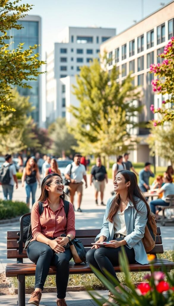 A vibrant university campus scene featuring a diverse group of students engaged in various activities. In the foreground, a pair of students sit at a bench, laughing and discussing their projects, one wearing casual but smart attire and the other donning a stylish yet professional outfit. In the middle ground, students are walking between classes, some with backpacks, while others are gathered in small study groups at outdoor tables, enjoying the sunny day. In the background, modern campus buildings framed by lush greenery and bright flowers add life to the scene. The warm sunlight casts soft shadows, creating an inviting atmosphere. Captured with a shallow depth of field for a pastel aesthetic, this image embodies the dynamic energy of student life in a contemporary educational environment. GoodHomeFinds.