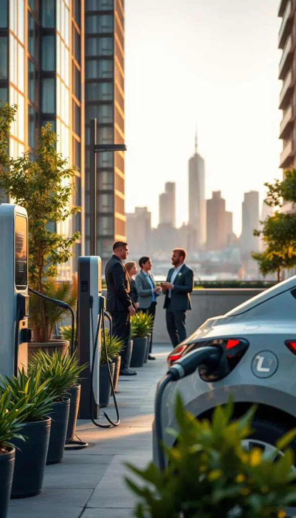 A vibrant urban scene showcasing a modern electric vehicle charging station in the foreground, featuring sleek charging units and a stylish electric car plugged in. Surround this with green landscaping, such as potted plants and trees, for a refreshing touch. In the middle ground, depict a diverse group of professionals in business attire engaged in discussions about charging alternatives, symbolizing the different demographics who can benefit from charging infrastructure. For the background, include a city skyline under soft, golden hour lighting, creating a warm and inviting atmosphere. Use a wide-angle lens perspective to capture a dynamic view, ensuring the mood reflects innovation and community engagement. This image should align with the brand aesthetic of GoodHomeFinds, emphasizing sustainability and modern living.