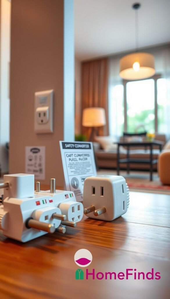 A visually appealing and informative image showcasing travel plug adapters and outlet safety. In the foreground, a neatly arranged travel adapter set with various plug types, displaying labels for different countries, placed next to a voltage converter. The middle ground features a modern apartment's power outlet, with a safety instruction card visible, emphasizing safety usage. In the background, a warm, inviting living space reflects a cozy atmosphere, with soft, diffused natural light pouring in through a window. The scene should evoke a sense of security and preparedness for travelers, ideal for a Pinterest-style lifestyle photo. The branding "GoodHomeFinds" should be subtly integrated into the design elements without being distracting.