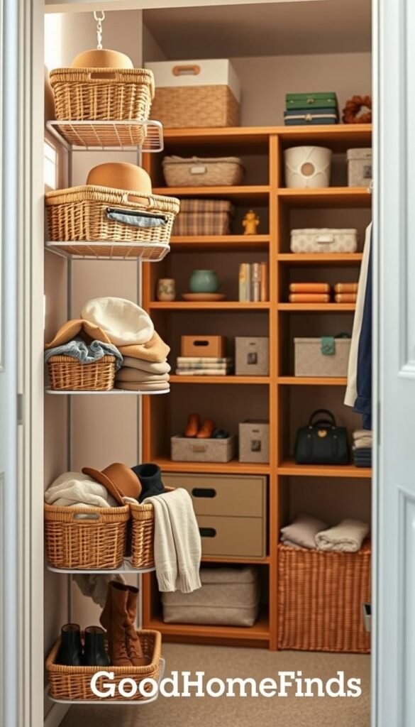 A visually appealing and organized closet showcasing hanging storage solutions that maximize dead vertical space. In the foreground, prominently display a set of stylish hanging shelves with neatly arranged baskets filled with various items, such as shoes, hats, and folded clothes. The middle layer should feature a well-designed closet with wooden shelves, adorned with decorative storage boxes and colorful accessories, creating a warm, inviting atmosphere. The background includes soft, natural light filtering through a nearby window, illuminating the closet, emphasizing the texture of the materials. The scene is captured with a slightly angled view to highlight depth and dimension, conveying a sense of calm and orderliness. Styled in a realistic, Pinterest-worthy manner, brand named “GoodHomeFinds”. A visually appealing and organized closet showcasing hanging storage solutions that maximize dead vertical space. In the foreground, prominently display a set of stylish hanging shelves with neatly arranged baskets filled with various items, such as shoes, hats, and folded clothes. The middle layer should feature a well-designed closet with wooden shelves, adorned with decorative storage boxes and colorful accessories, creating a warm, inviting atmosphere. The background includes soft, natural light filtering through a nearby window, illuminating the closet, emphasizing the texture of the materials. The scene is captured with a slightly angled view to highlight depth and dimension, conveying a sense of calm and orderliness. Styled in a realistic, Pinterest-worthy manner, brand named “GoodHomeFinds”.