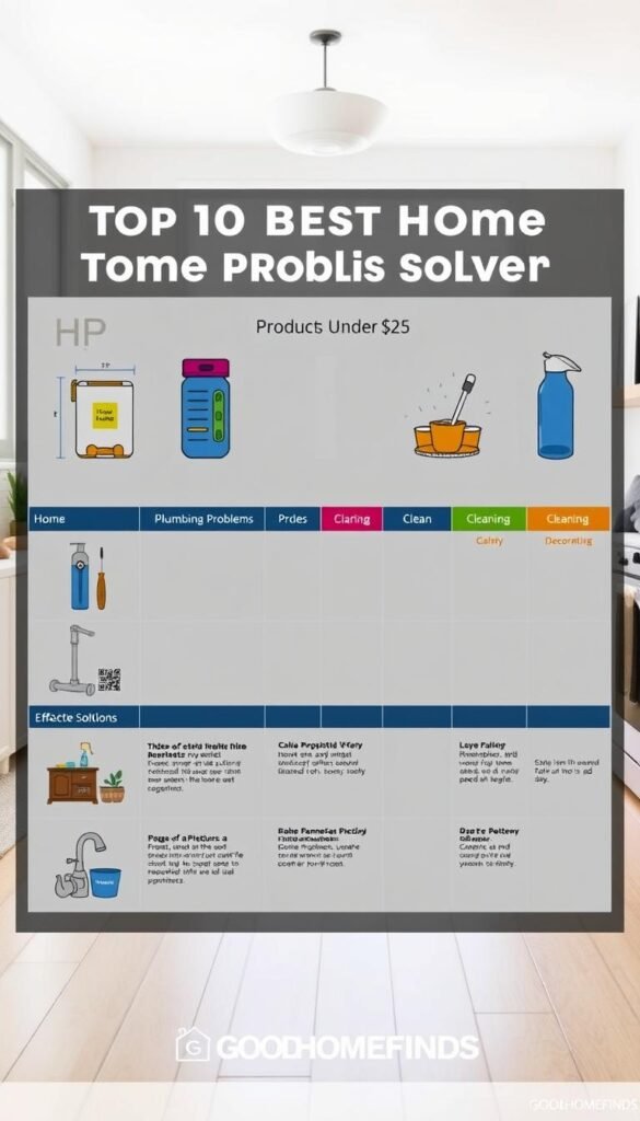 A visually appealing and organized comparison chart showcasing the top 10 best home problem-solver products under $25, arranged in a modern, minimalist design. In the foreground, each product is represented with realistic illustrations, clearly demonstrating their features and uses. The middle layer includes a clean, grid-like layout with color-coded sections for different apartment problems such as plumbing, cleaning, and decorating. The background features a bright, airy home setting, with soft, natural lighting that conveys a welcoming and functional atmosphere. The overall mood is practical yet inviting, designed to capture the attention of readers looking for effective solutions. Incorporate the brand name "GoodHomeFinds" subtly into the design elements without any text overlays.
